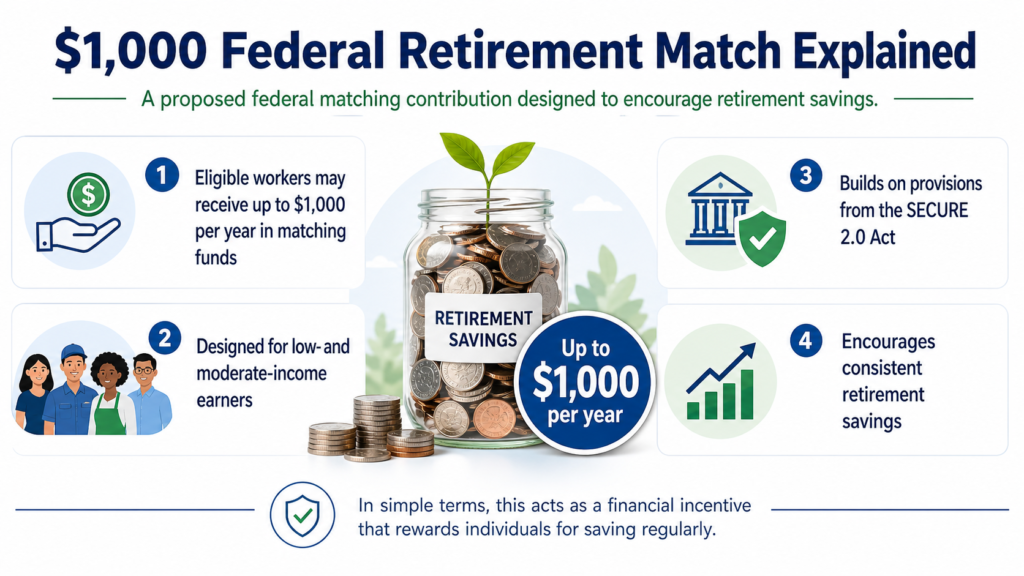 Infographic showing a proposed $1,000 yearly federal retirement match to encourage retirement savings.