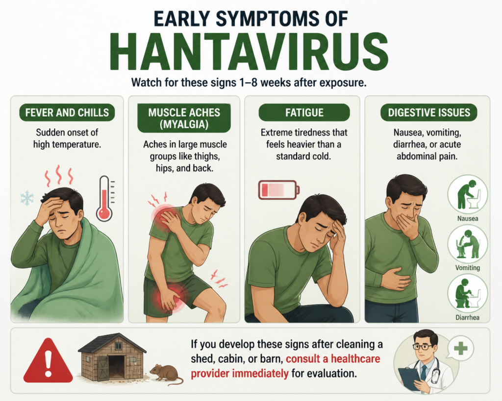 Infographic showing the symptoms of hantavirus, including fever, chills, muscle aches, fatigue, and digestive issues.